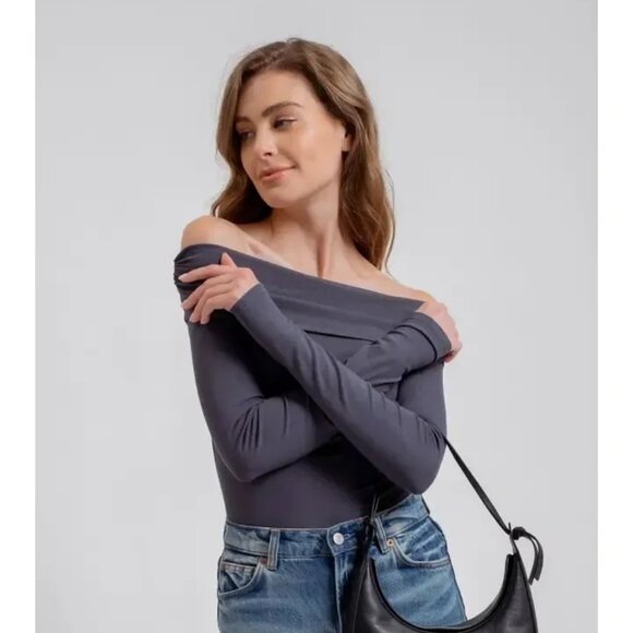 ($9) Off the Shoulder Foldover Long Sleeve Knit Top - Picture 4 of 4